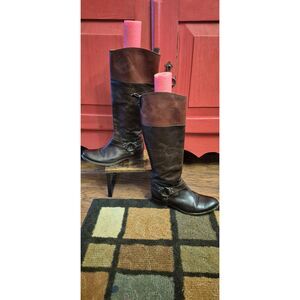 Frye Sze 8 B Melissa Harness Boots 2 Shades Brown Leather Rig=ding Knee High EUC